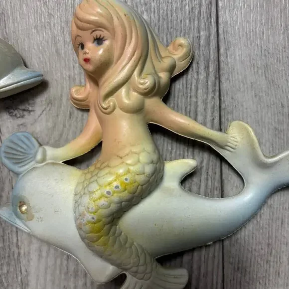 Vintage Mermaid Riding Dolphin Plastic Wall Hanging 7” Set of Two